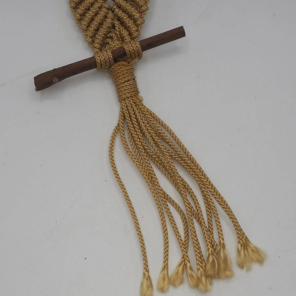 Handmade Owl Macrame Necklace Statement Pendant Boho Tan Wood Bead Tassel Fringe